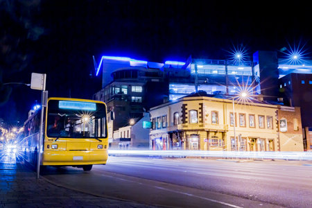 view of dowtown in hobart at night, australiaの写真素材