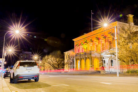 view of dowtown in hobart at night, australiaの写真素材