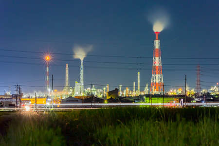 night view of factory in Yokkaichi, Japanの写真素材