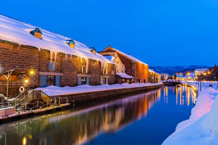 canal and factories in Otaru, Hokkaido, Japanの写真素材