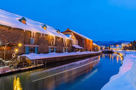 canal and factories in Otaru, Hokkaido, Japanの写真素材