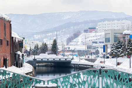 canal and factories in Otaru, Hokkaido, Japanの写真素材