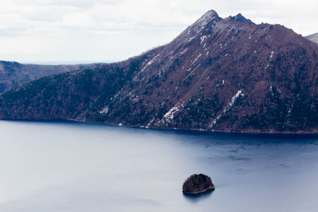 mashu lake in early spring in Hokkaidoの写真素材