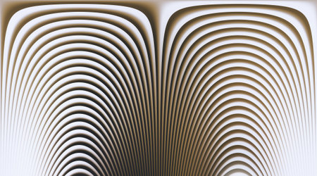 An abstract design featuring smooth, repeating wave patterns creating a symmetrical visual effect. Perfect for backgrounds and artistic projects.の写真素材