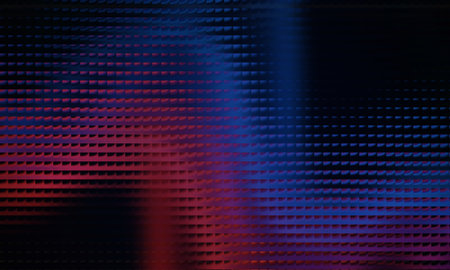 A dark abstract background featuring blue and red light effects and a pattern of small squares,...