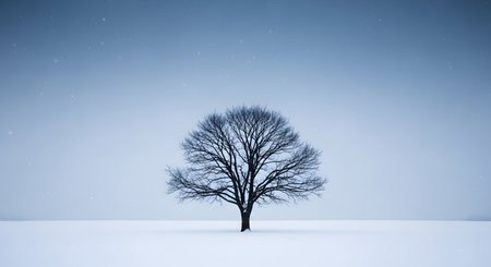 Winter landscape with a lonely tree in the middle of a snowy fieldの素材