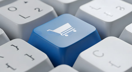 A close-up shot of a blue button on a computer keyboard featuring a shopping cart icon, symbolizing online shopping, e-commerce, and digital transactions.の素材