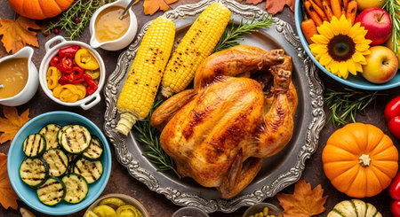 A beautifully roasted turkey takes center stage, surrounded by sweet corn on the cob, grilled zucchini, and a vibrant medley of autumn vegetables, perfect for a festive holiday gathering.の素材