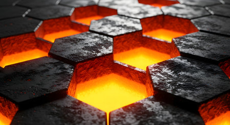 A close-up, abstract view of a dark, textured hexagonal surface with glowing orange lava visible through the gaps, creating a futuristic and energetic visual.の素材