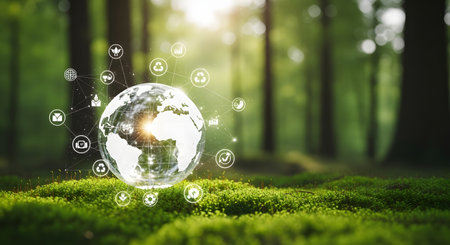 A glowing digital representation of Earth, surrounded by interconnected icons, is nestled within a lush, green forest, symbolizing the fusion of technology and the natural world.の素材