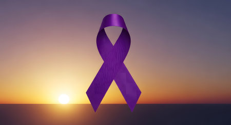 A vibrant purple awareness ribbon is prominently displayed against a breathtaking sunset, symbolizing hope, support, and the fight against various causes and diseases.の素材