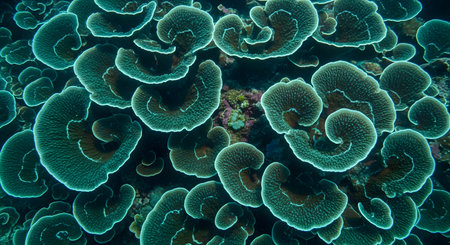 A stunning underwater scene showcasing the intricate beauty of green coral colonies. Their unique shapes and textures create a mesmerizing display of marine life in its natural habitat.の素材