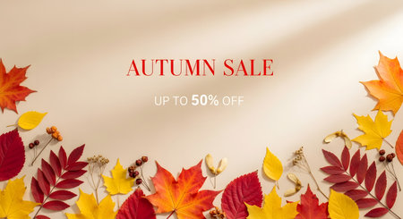 A festive autumn sale banner featuring a vibrant display of colorful fall leaves, announcing a discount of up to 50% off for seasonal shopping.の素材