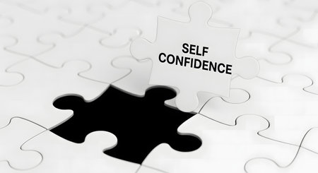 A single puzzle piece with the words self confidence stands out from a white puzzleの素材
