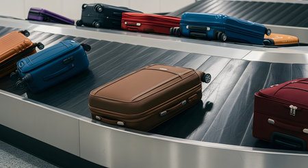 Luggage carousel with various suitcases moving on a conveyor beltの素材