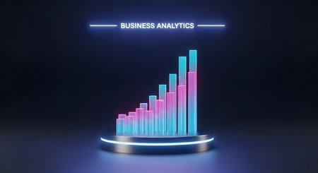 Business analytics bar graph showing growth on a futuristic podiumの素材