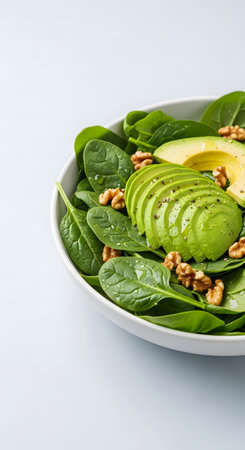 A vibrant and healthy spinach salad featuring creamy avocado slices and crunchy walnuts, perfect for a light and nutritious meal or side dish.の素材