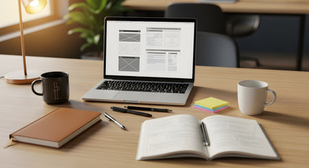 Modern home office desk with laptop, notebook, and coffee