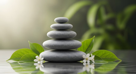Zen stones stacked with water drops and green leaves, spa conceptの写真素材