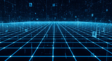 A futuristic digital landscape featuring a glowing blue grid, symbolizing data flow and...