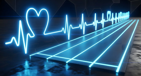 Glowing blue electrocardiogram line with heart symbol on a dark backgroundの写真素材