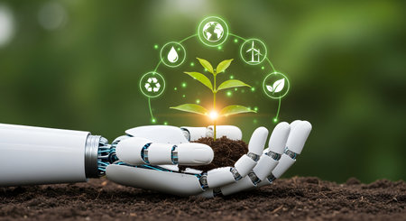 A robotic hand gently cradles a young plant growing from soil, symbolizing the integration of technology with nature for a sustainable future.の写真素材