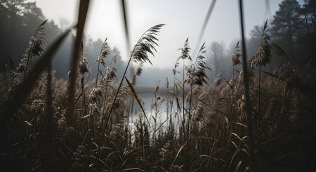 Golden sunbeams pierce through the morning mist, illuminating the delicate seed heads of tall reeds bordering a tranquil lake, creating a serene and peaceful natural landscape.の写真素材