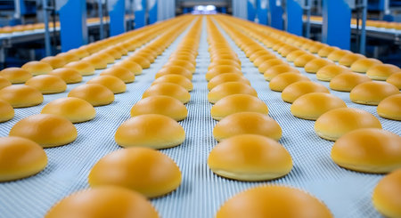 Freshly baked bread rolls moving on a conveyor belt in a factoryの写真素材