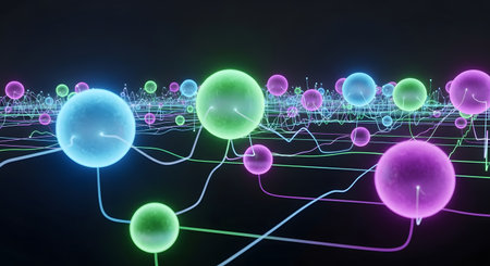 A vibrant digital network featuring luminous spheres of blue, green, and purple, interconnected by thin lines, creating a sense of complex data flow and futuristic connectivity.の写真素材