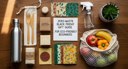 A flat lay composition showcasing a zero waste gift guide, featuring reusable items like a metal water bottle, cutlery, beeswax wraps, and a spray bottle, alongside fresh produce.の写真素材