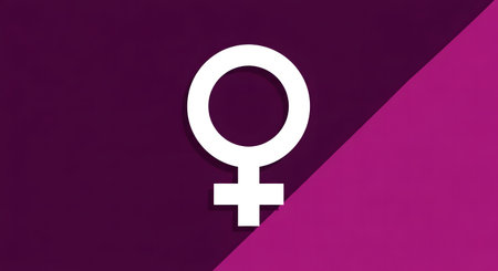 The female symbol, representing womanhood and femininity, is prominently displayed against a vibrant gradient background transitioning from deep purple to bright pink, symbolizing strength and diversiの写真素材