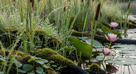 Close-up view of dew drops glistening on cattail reeds and delicate pink water lilies in a tranquil pond, bathed in the soft light of early morning.の写真素材