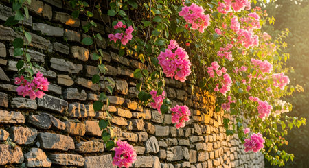Vibrant pink bougainvillea blossoms gracefully drape over a weathered, textured stone wall, bathed in the warm, ethereal glow of golden hour sunlight, creating a picturesque and romantic natural sceneの写真素材