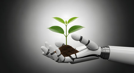A robotic hand gently cradles a young plant emerging from rich soil, symbolizing the intersection of technology and nature in fostering new life and growth.の写真素材