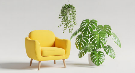A vibrant yellow armchair is elegantly placed next to a large, leafy green monstera plant and a hanging pothos, creating a fresh and inviting atmosphere.の写真素材
