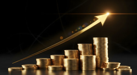 A golden arrow ascends from a pile of gold coins, representing financial success and economic prosperity. This image signifies investment gains and business growth, highlighting positive market trendsの素材