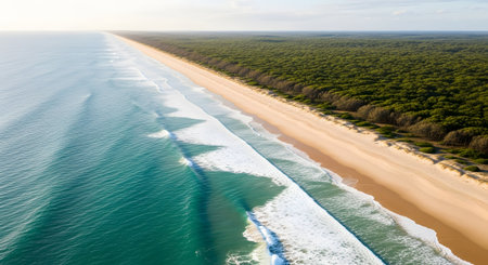 An expansive aerial perspective captures the striking contrast between the turquoise ocean waves gently rolling onto a golden sandy beach and the lush, dense green forest bordering the coastline.の素材