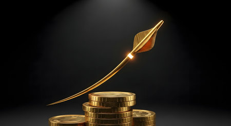 Golden arrow piercing through a stack of gold coins, symbolizing growthの素材