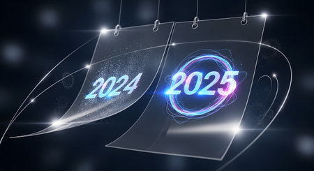 A futuristic concept depicting the transition from 2024 to 2025 with glowing digital numbers on transparent calendar pages against a dark, abstract background.の素材