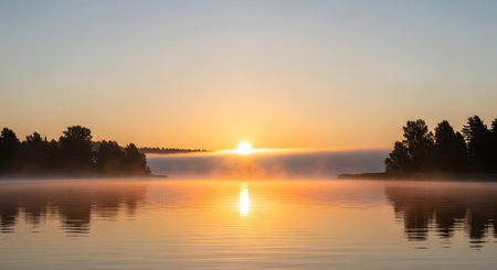 A breathtaking sunrise paints the sky with warm hues, casting a golden reflection on the calm, misty lake surrounded by silhouetted trees.の素材