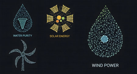 A collection of abstract digital icons, each representing a different renewable energy source, set against a dark background with glowing particles and lines.の素材
