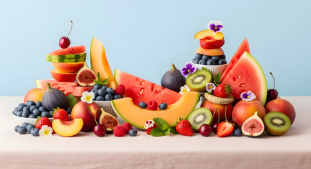 A beautiful, colorful display of various fresh fruits, including watermelon, melon, figs, berries, kiwi, and peaches, presented in an appealing arrangement on a table.の素材