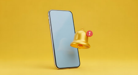 A sleek smartphone with a notification bell, symbolizing alerts and communication in the digital age. Perfect for illustrating online services and modern technology.の素材