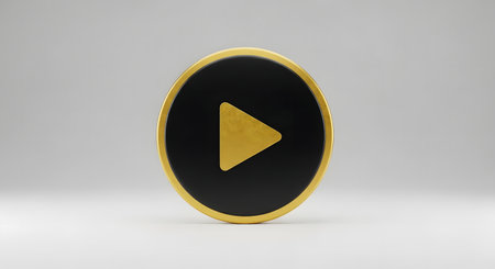 A gold and black play button isolated on white background, symbolizing entertainment and media. Perfect for websites, apps, and digital platforms needing a play icon.の素材