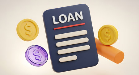 A 3D rendering of a loan application form with dollar coins, symbolizing financial concepts. Ideal for illustrating banking, investment, and economic themes.の素材
