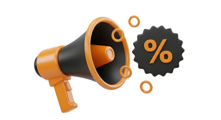 A 3D render of a megaphone with a percentage sign, representing discounts and promotions. Perfect for advertising, marketing, and e-commerce campaigns.の素材