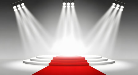 Podium with red carpet illuminated by spotlights. Vector illustration.の素材