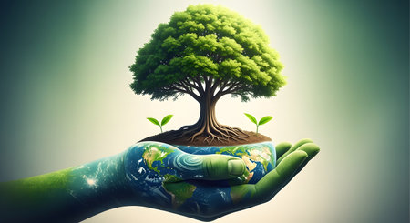 Hand holding earth with tree growing on it, symbolizing environmental protectionの素材