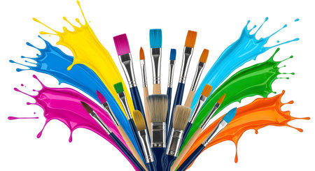 Paint brushes with colorful splashes, art conceptの素材