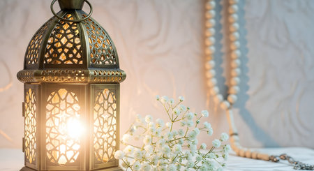 Ramadan lantern with beads and flowers creating a warm and festive atmosphereの素材
